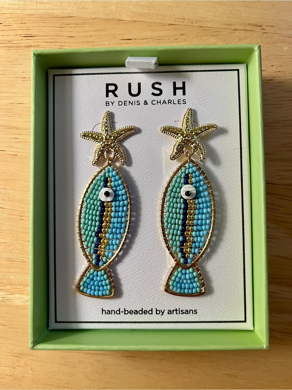 RUSH Beaded Fish Drop Earrings in Turquoise and Gold